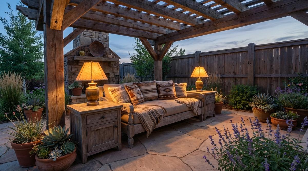 A pair of rawhide lampshades on nightstands in a western boho bedroom setting. The translucent hide shades diffuse warm amber light, with natural material variations giving each lamp unique character. The lamps feature aged brass bases for metal contrast and are positioned at optimal reading height above the mattress.