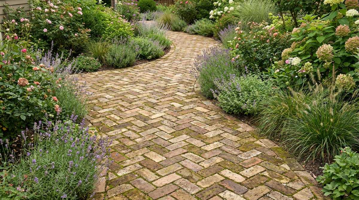 A close-up photo showing reclaimed bricks arranged in a herringbone pattern in a cottage garden setting. The weathered bricks display varied earthy tones that complement surrounding cottage-style plantings. The bricks are set in sand, allowing for organic curved pathways that follow the natural lines of the garden.