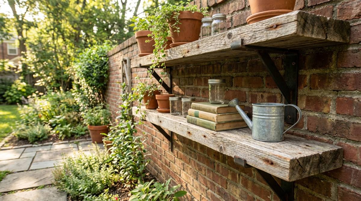 Wall-mounted reclaimed wood shelves with weathered grain patterns and nail holes, mounted on metal brackets for rustic-industrial hybrid appeal. The aged wood patina adds depth and character to boho decor, providing functional display space with authentic, collected-over-time aesthetic.