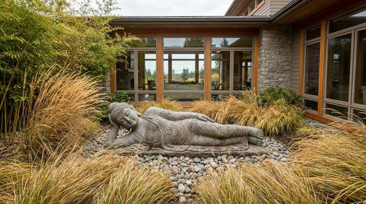 A large horizontal stone sculpture depicting the Buddha in a reclining pose, symbolizing the moment of enlightenment. Positioned in an expansive garden, it serves as a dramatic focal point, framed by bamboo and ornamental grasses that sway gently to enhance the contemplative atmosphere, with sight lines from indoor living spaces offering views through windows.