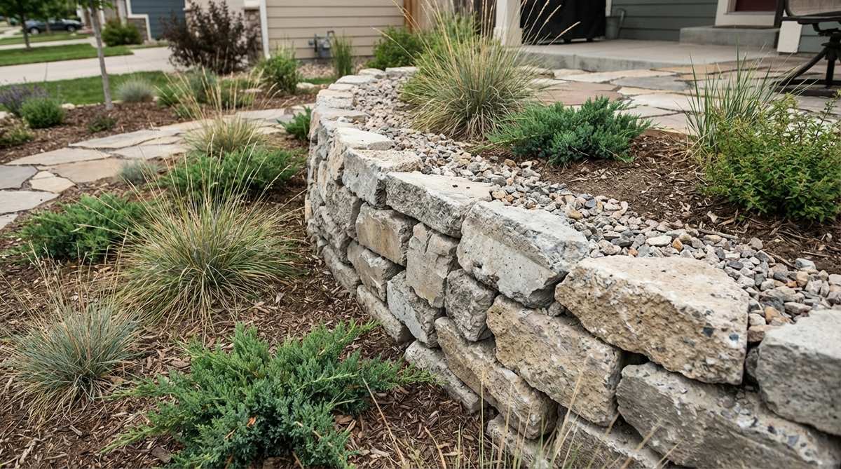 A small garden retaining wall constructed from recycled concrete rubble, showing irregular stacked chunks creating a textured surface. The wall demonstrates sustainable construction using salvaged demolition materials with gravel backfill for proper drainage.