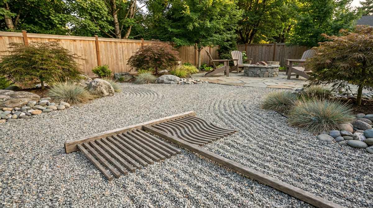 A reversible pattern rake designed for zen gardens, featuring straight parallel tines on one side for creating traditional linear patterns and curved or wave-shaped tines on the opposite side to produce surf patterns (sazanamimon) effortlessly. This tool allows gardeners to alternate between sides to establish visual rhythm and contrasting textures across large gravel expanses, enhancing the meditative and aesthetic appeal of the garden.