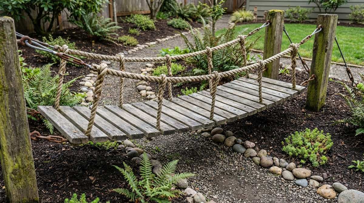 A close-up view of a rope suspension miniature bridge in a mini garden, featuring nautical-grade rope or steel cable hangers supporting a plank deck. The design evokes adventure and whimsy, with slight movement for kinetic interest, anchored to deeply embedded posts or deadman anchors in the surrounding soil. Ideal for coastal gardens and rustic or woodland-themed landscapes, using marine-grade hardware to prevent rust.