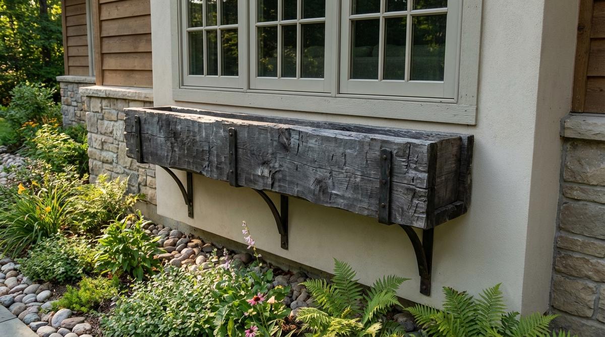 Hand-adzed timber window boxes with visible tool marks and irregular surfaces, mounted beneath windows with heavy-duty brackets. Made from untreated cedar or redwood that weathers to an attractive gray while resisting decay, these rustic planters add textured contrast to smooth architectural elements.