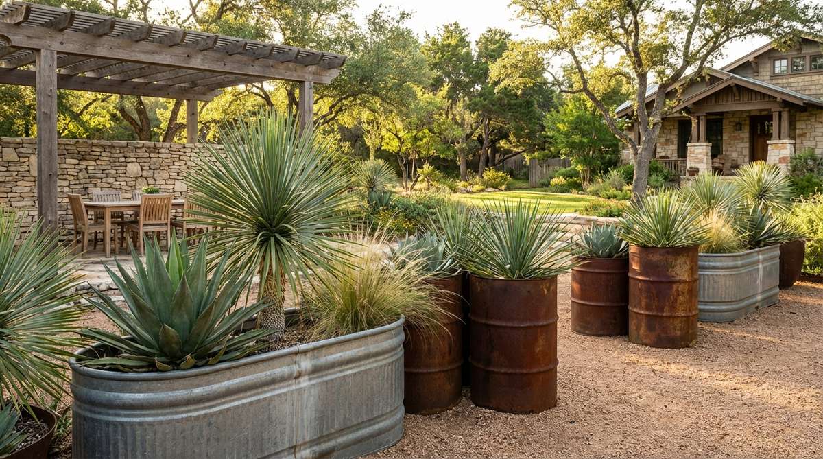 Industrial metal planters with rust patina, repurposed from agricultural equipment like water troughs and oil drums, planted with architectural plants such as agave and yucca in a garden setting.