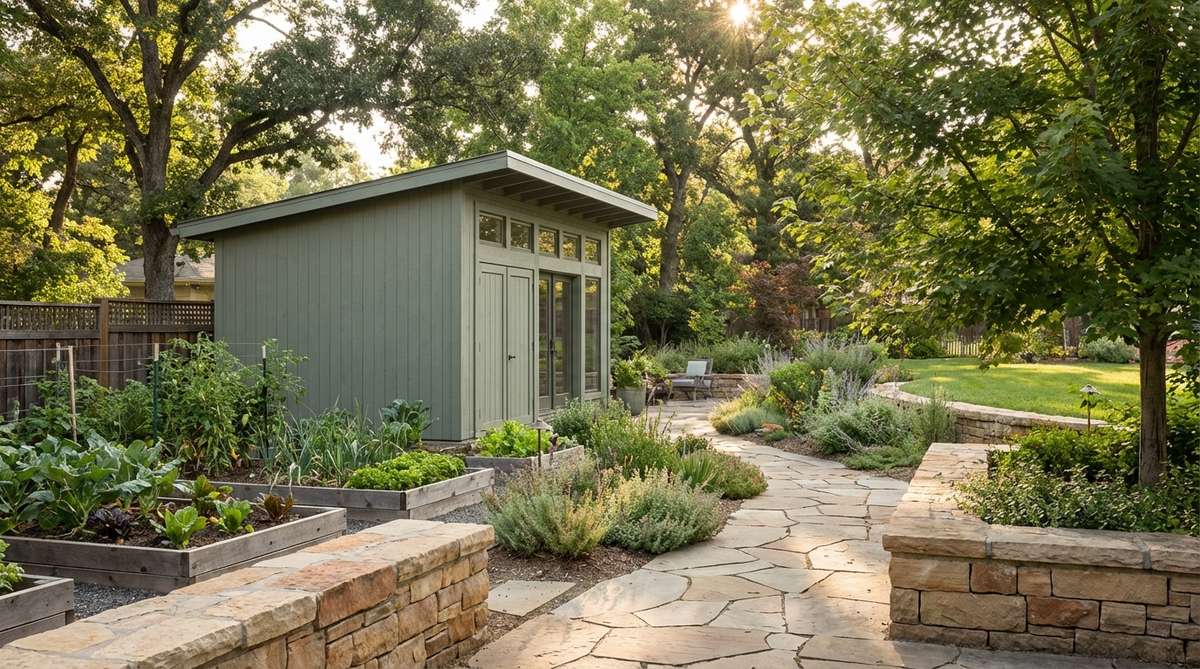 A modern garden shed with muted sage green siding, designed to blend harmoniously with surrounding plantings and garden elements. The shed is shown integrated into a garden setting, possibly with vegetable or cutting gardens, stone pathways, and complementary earth tones, emphasizing calm and connection to nature.