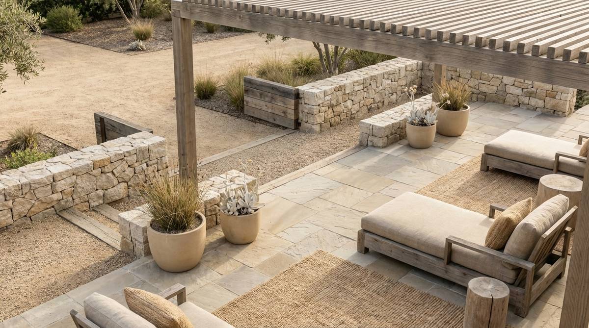 A sophisticated monochromatic palette featuring multiple shades of sand from pale cream to deep camel, layered with varied textures like jute, linen, wood, and stone in a minimalist modern organic interior.