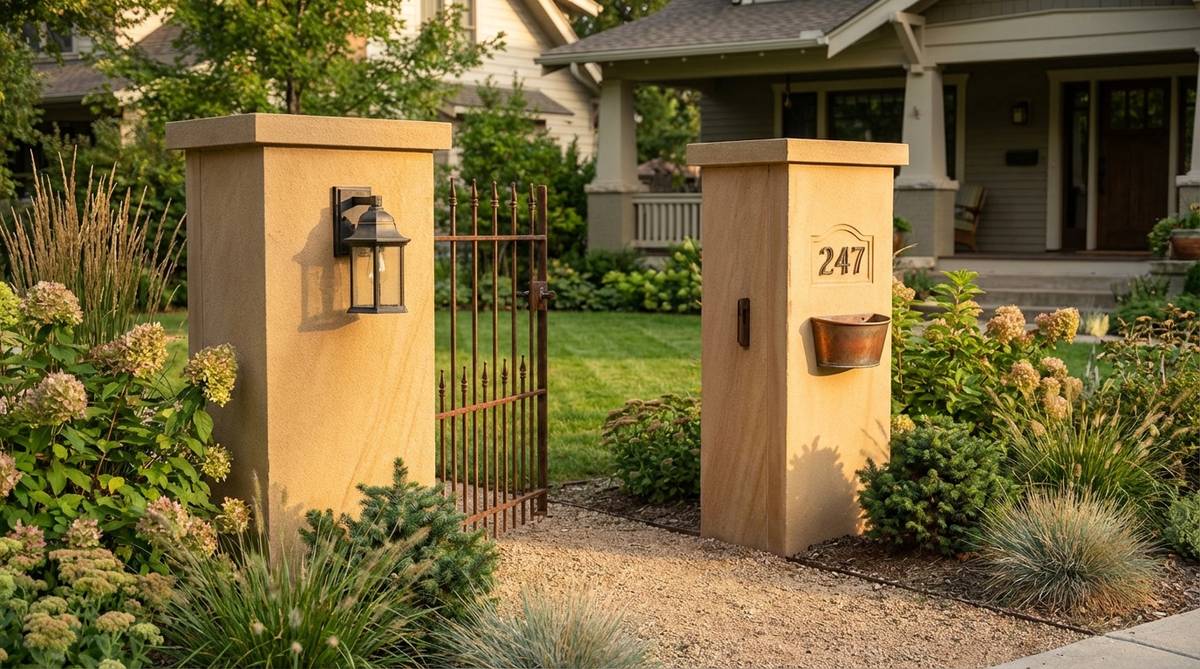 Squared sandstone pillars used as garden decor, flanking gates or marking pathway entries. Features warm tones and fine grain for approachability and formal presence, with heights of 3-5 feet suitable for garden-scale applications. Can be mounted with lighting fixtures, house numbers, or decorative elements, and allows for custom carving or textured surfaces.