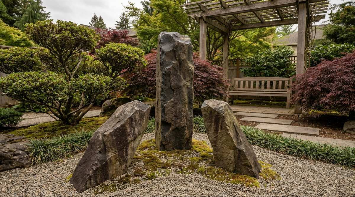 A traditional Japanese garden arrangement featuring the Sanzon Stone Triad, with a tall central basalt or dark granite stone representing Buddha, flanked by two shorter stones leaning inward to symbolize attendant bodhisattvas, positioned as a focal point for viewing from seating areas or entrances.