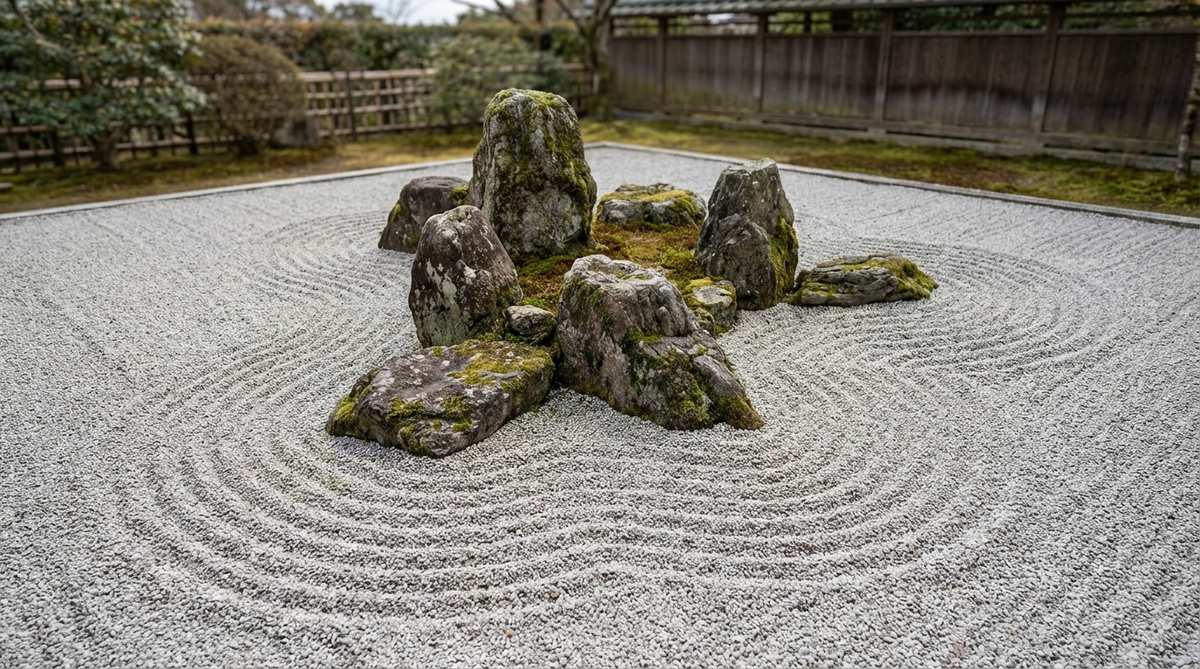 A close-up view of concentric circles raked around stone clusters in a Japanese stone garden, mimicking ripples from dropped pebbles. The mathematical precision of perfect circles contrasts with the organic irregular stones, creating a meditative pattern that emphasizes individual stone presence.