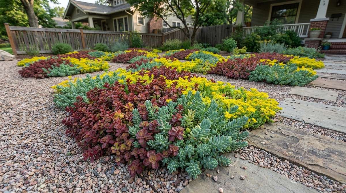 A low-growing sedum carpet groundcover, featuring varieties like Sedum spurium 'Dragon's Blood' and Sedum acre, creating a living carpet between gravel in a garden bed. The succulent leaves store moisture, requiring no supplemental irrigation, and the plants are shown spreading naturally into irregular patches with red, yellow, and blue-green color variations that change seasonally.