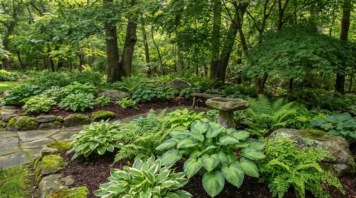 A serene shade garden featuring lush hostas and delicate ferns, creating a cool, woodland-like retreat with rich greens and repeating forms. The scene includes mossy rocks, a simple birdbath, and a small bench, evoking a peaceful forest-floor effect ideal for relaxing in low-light areas.