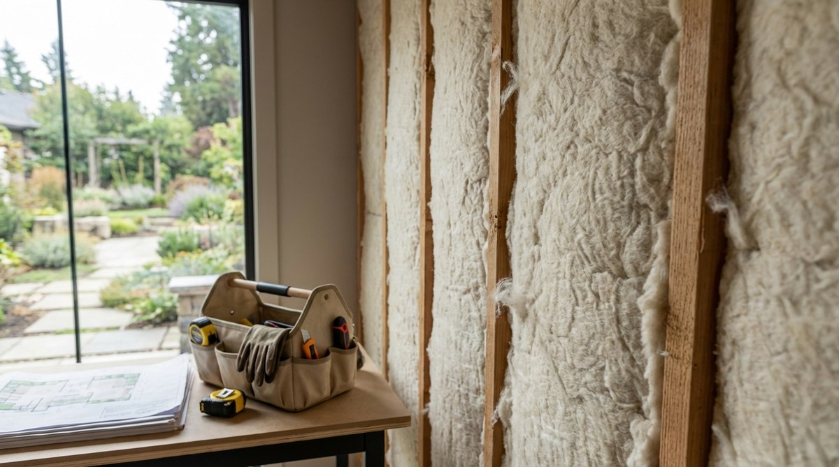 A close-up image of natural sheep wool insulation installed in a contemporary garden shed, showcasing its biodegradable and non-toxic properties. The material is shown regulating humidity and providing effective thermal insulation with an R-value equivalent to fiberglass, without requiring protective gear during installation. It highlights the flame-resistant and passive fire safety features, ideal for maintaining consistent air quality in studio spaces.