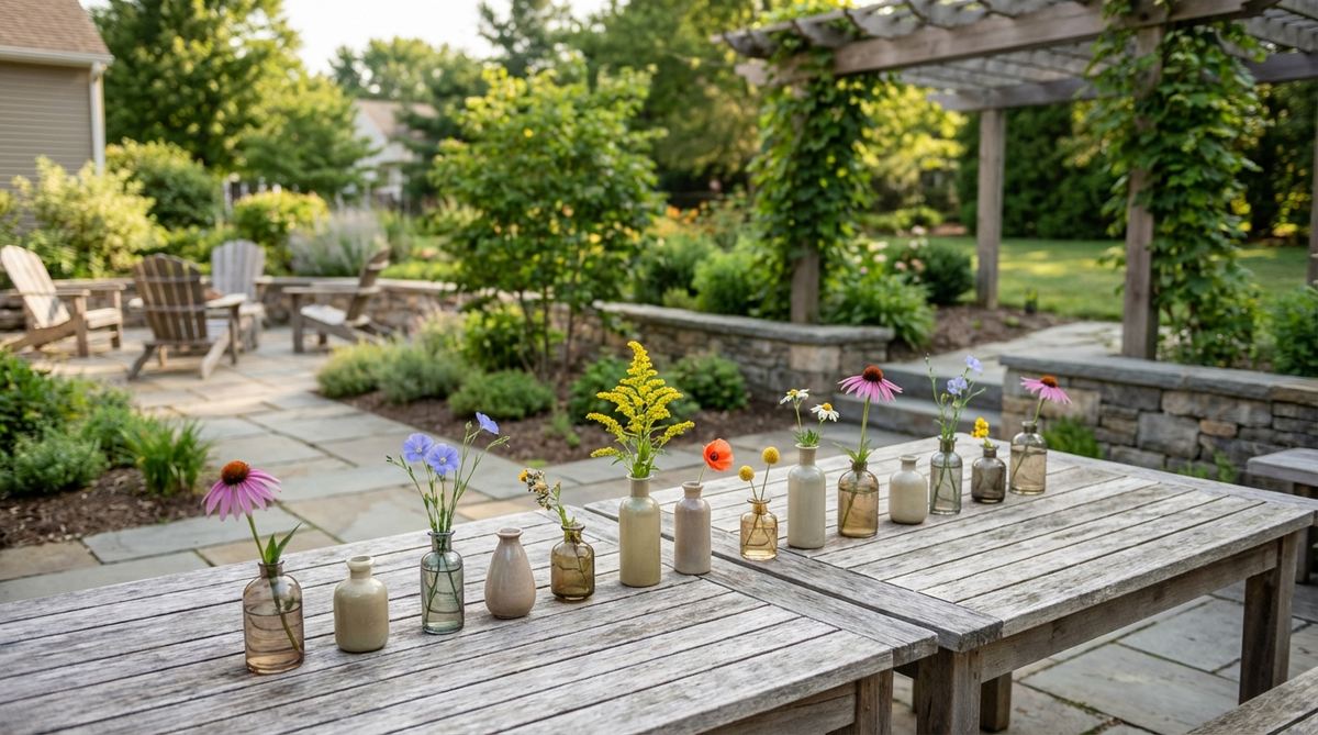 A minimalist arrangement of individual bud vases, each holding a single wildflower variety, scattered across tables to create visual rhythm and dimension with varying heights from two to six inches, perfect for boho wedding decorations.