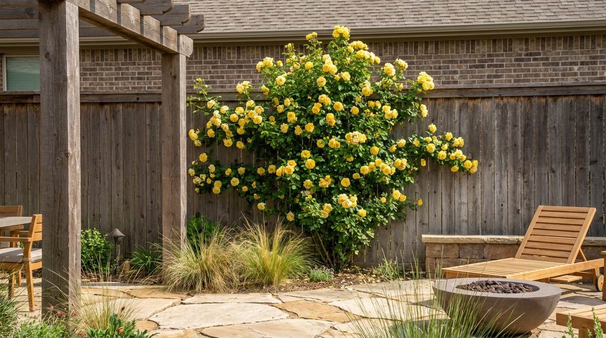 A vibrant yellow Sky's the Limit modern garden rose climber with cheerful blooms illuminating a vertical surface in a contemporary garden setting. This disease-resistant variety reaches 10 feet tall with healthy foliage and provides months of bright color impact with minimal care requirements.