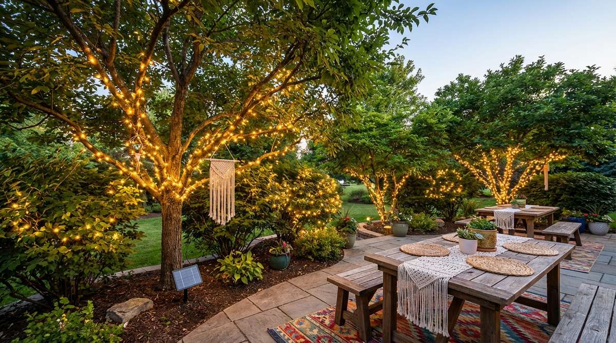 Solar-powered fairy lights wrapped around trees and shrubs, creating magical sparkle among branches and foliage for a boho decor birthday celebration. The lights charge during the day and illuminate automatically at dusk, providing flexible garden lighting without extension cords.
