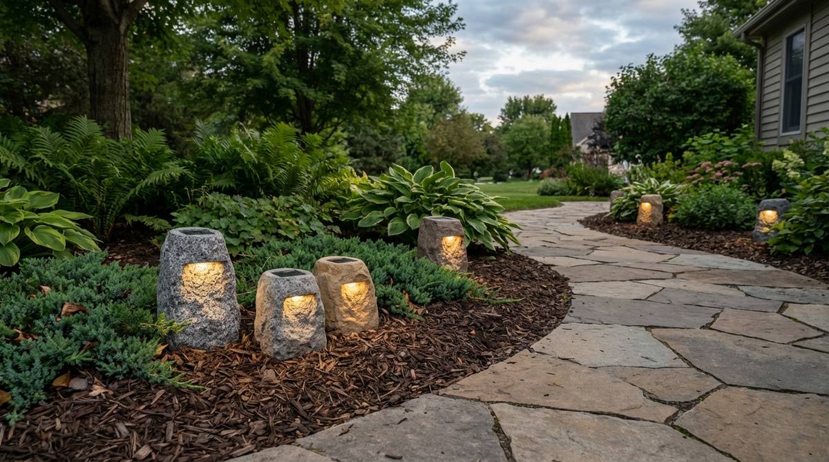 A cluster of solar-powered landscape lights with realistic faux stone housings in granite and sandstone finishes, blending naturally into mulch and groundcover plantings along a garden pathway curve.