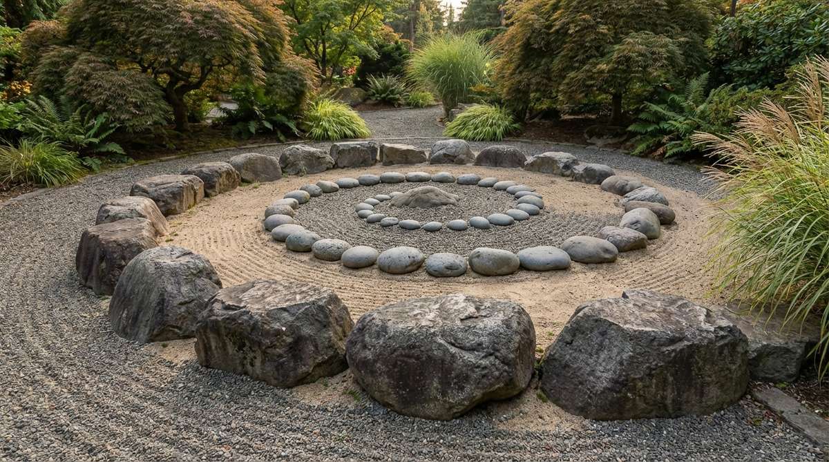 A serene Zen garden feature showing a spiral arrangement of boulders and stones, starting with large 2-3 foot boulders at the outer edge and progressing to smaller 12-inch stones at the center, designed to guide meditation and symbolize an inward spiritual journey.