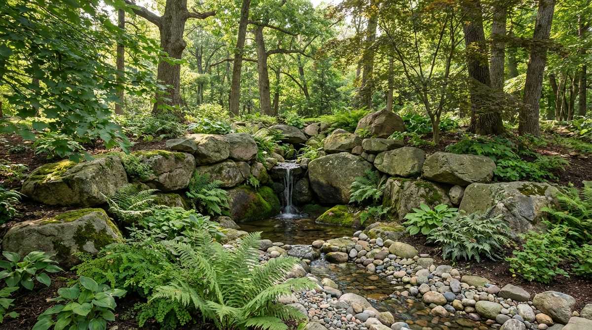 A garden design featuring large boulders arranged in a semicircle to create a grotto at a creek bed origin, simulating a spring source with smaller river rocks and shade-tolerant ferns planted in crevices for a cool, natural microclimate.