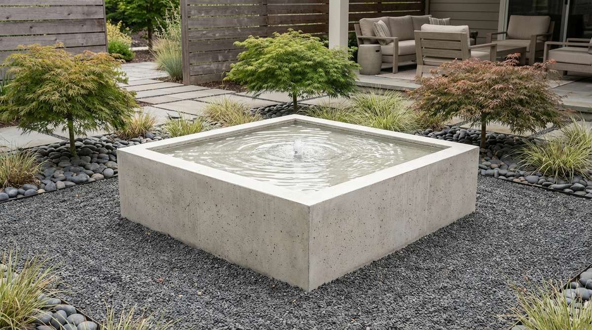 A minimalist square stone or concrete basin with water bubbling gently from its center, creating a serene focal point in a contemporary zen garden. The geometric design emphasizes the water's movement and soft burbling sounds, ideal for enhancing garden tranquility.