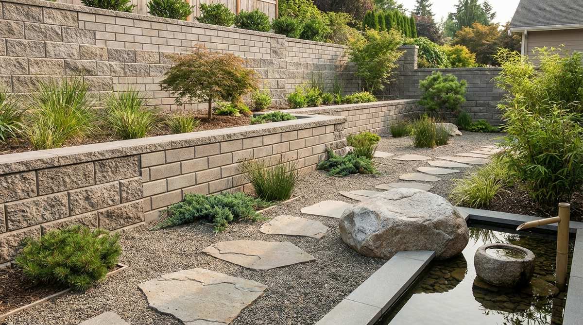 A modern Zen garden featuring stacked block retaining walls built with interlocking concrete blocks in a running bond pattern. The modular block system creates a clean, gridded texture that complements the garden's geometric aesthetic. Split-face blocks provide a rough, natural texture, while smooth-faced units offer a refined appearance. Solid capstones finish the top edge of the walls, creating terraced planting zones that add vertical dimension to sloped sites. The retaining walls manage grade changes while providing visual rhythm without excessive ornamentation, perfectly aligning with the minimalist principles of modern Zen garden design.
