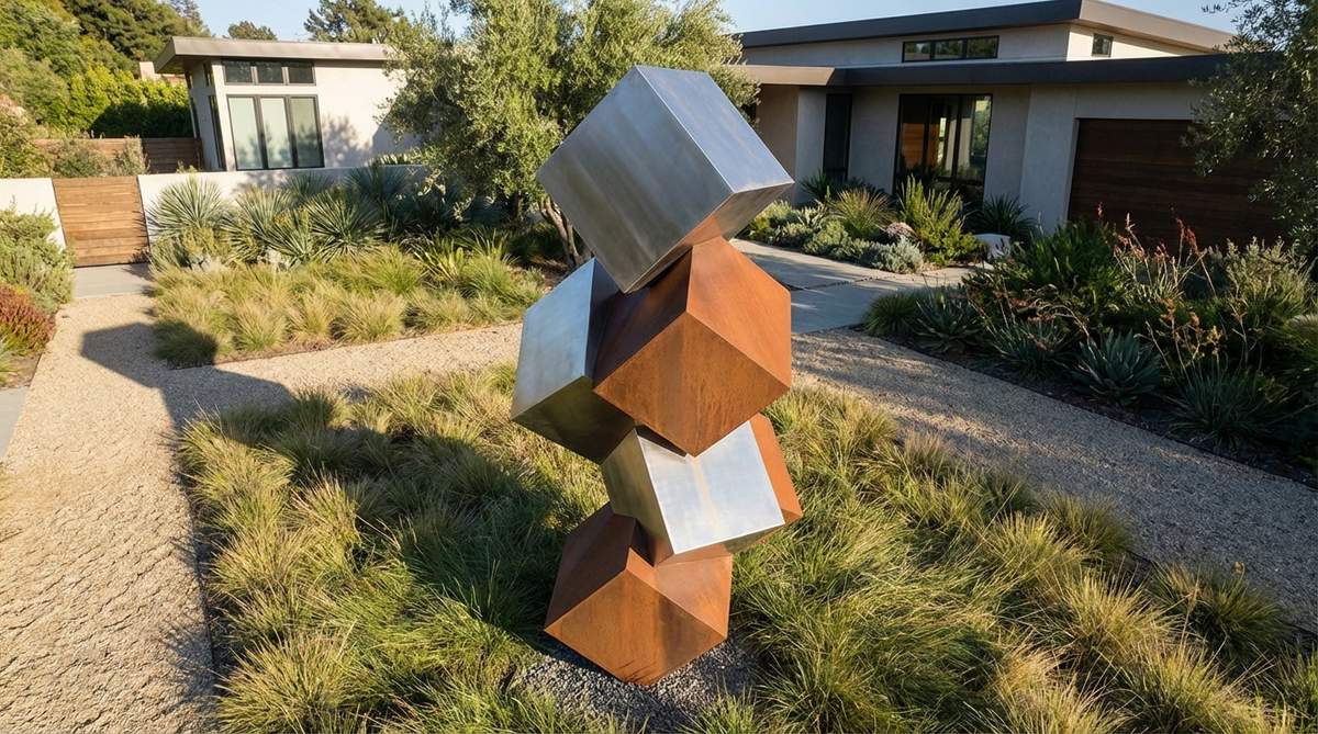 A contemporary garden sculpture featuring geometric cubes stacked at angles, creating visual tension through implied instability. The clean lines and precise edges complement architectural landscapes, with materials ranging from polished stainless steel to matte-finished corten. This abstract form engages viewers with changing compositional relationships and shadow patterns throughout the day.