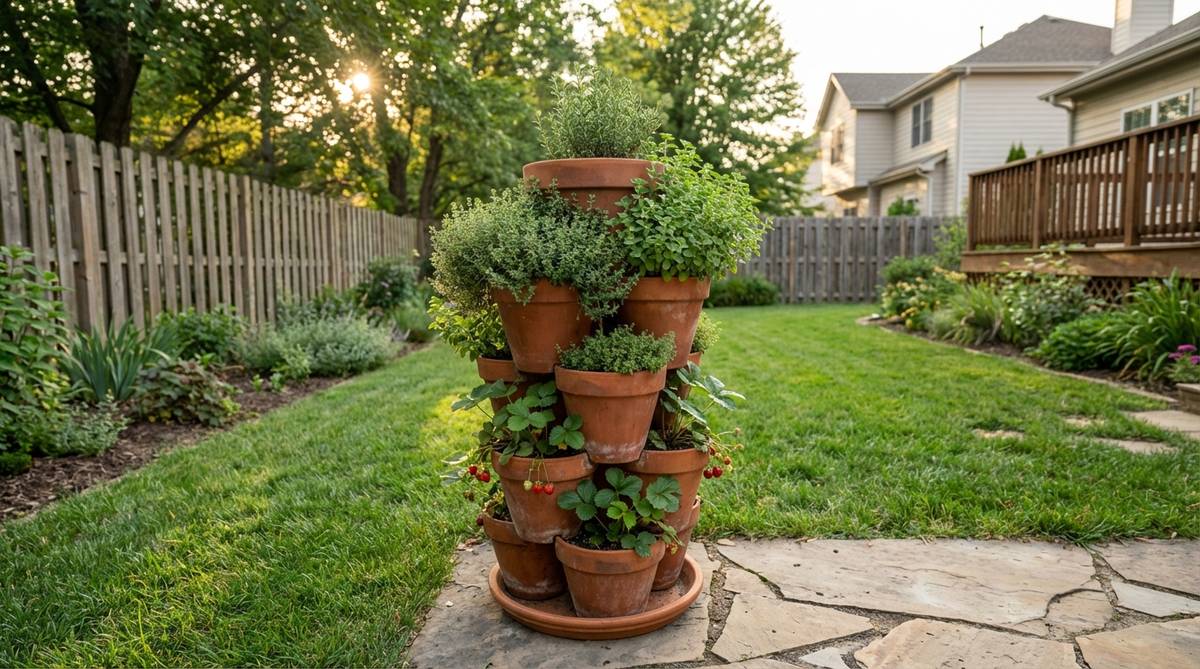 A vertical garden arrangement using progressively smaller stacked pots to create a space-saving herb spiral or strawberry tower in a small backyard. The 4-tier structure occupies only 20 inches of ground space while providing 8-12 planting pockets, with drought-tolerant herbs like thyme and oregano planted in the upper tiers.