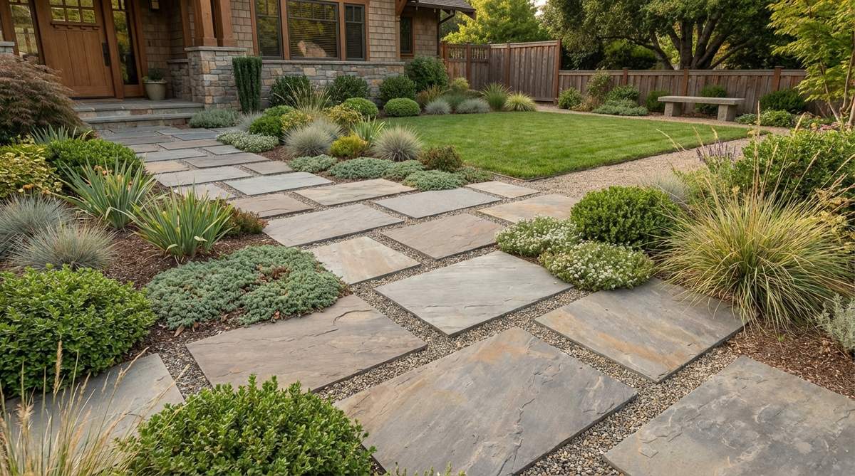 A garden stepping stone pattern featuring square or rectangular stones arranged in a staggered offset grid. The stones are positioned with alternating offsets, creating a structured yet dynamic visual movement that bridges traditional and contemporary garden aesthetics. This versatile design works well with various architectural styles from Craftsman to mid-century modern.