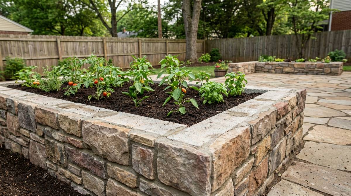 A close-up view of a raised bed garden with stone veneer facing, showing thin stone slices adhered to a concrete core, providing a natural stone appearance at reduced cost and weight.