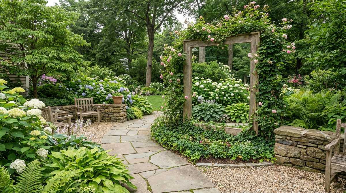 An outdoor mirror placed at the end of a garden path, reflecting lush greenery and flowers to create an illusion of extended space, with climbing plants framing the edges for a natural look.