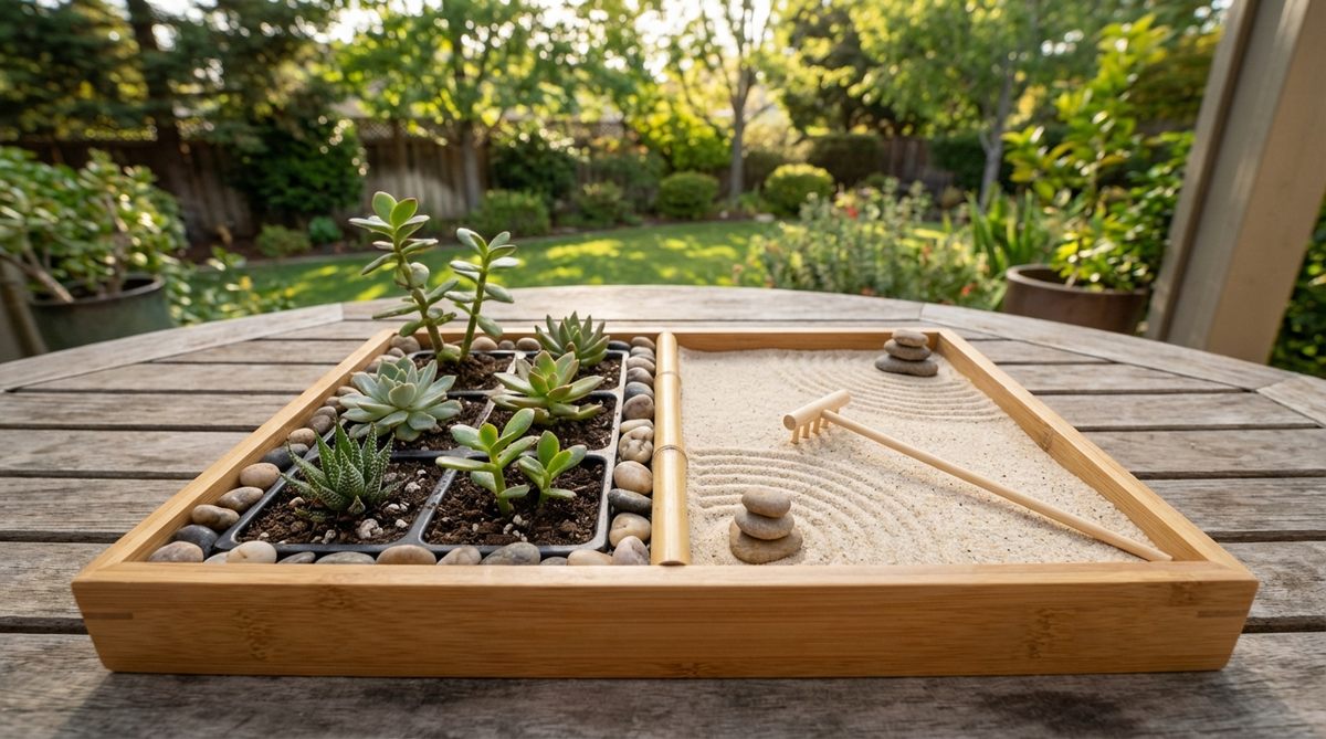 A miniature zen garden featuring a succulent rock garden hybrid design with jade plant cuttings in soil compartments separated from a sand raking area by a bamboo divider. This 10x6-inch desktop tray combines living plant care with contemplative meditation practices in a dual-purpose arrangement.
