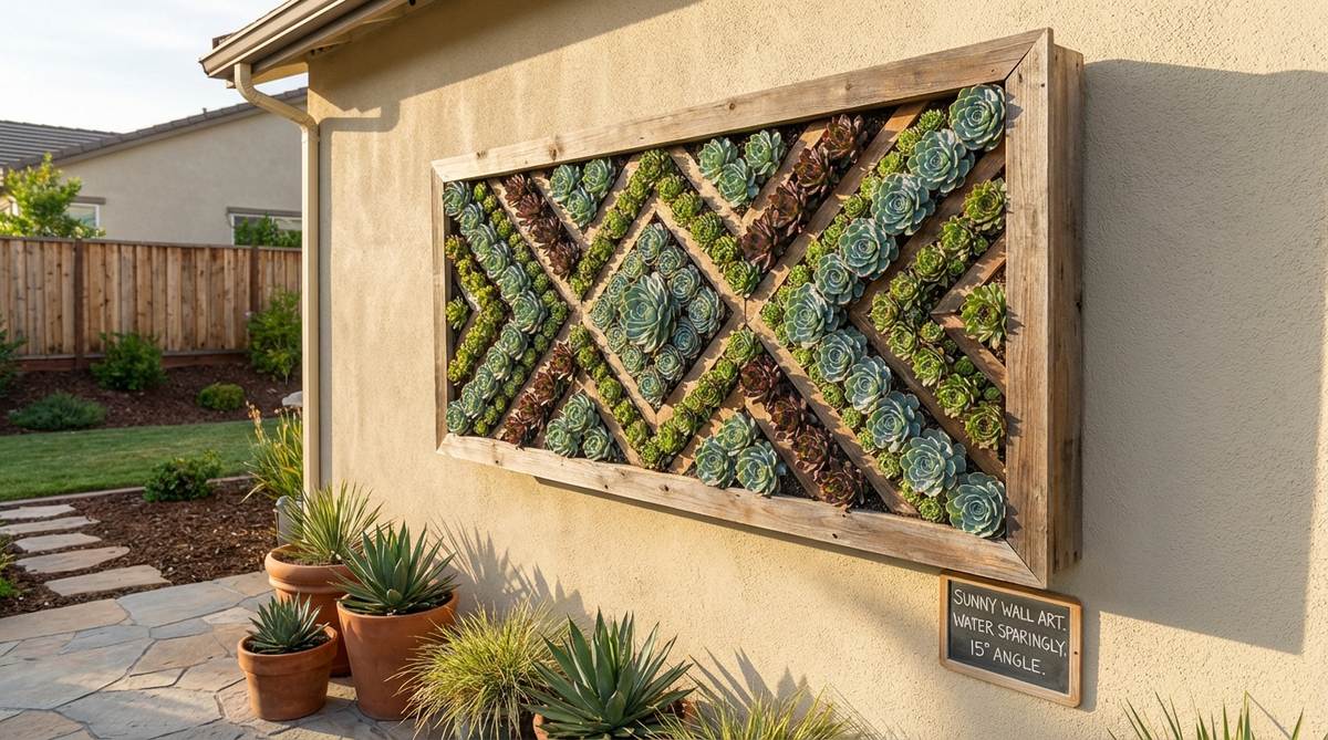 A shadow box frame filled with drought-tolerant succulents, such as sedums and echeverias in blue-green and burgundy tones, arranged in geometric patterns. This living artwork is ideal for sunny walls in outdoor spring decor, with tips for orienting at a 15-degree angle and watering sparingly.