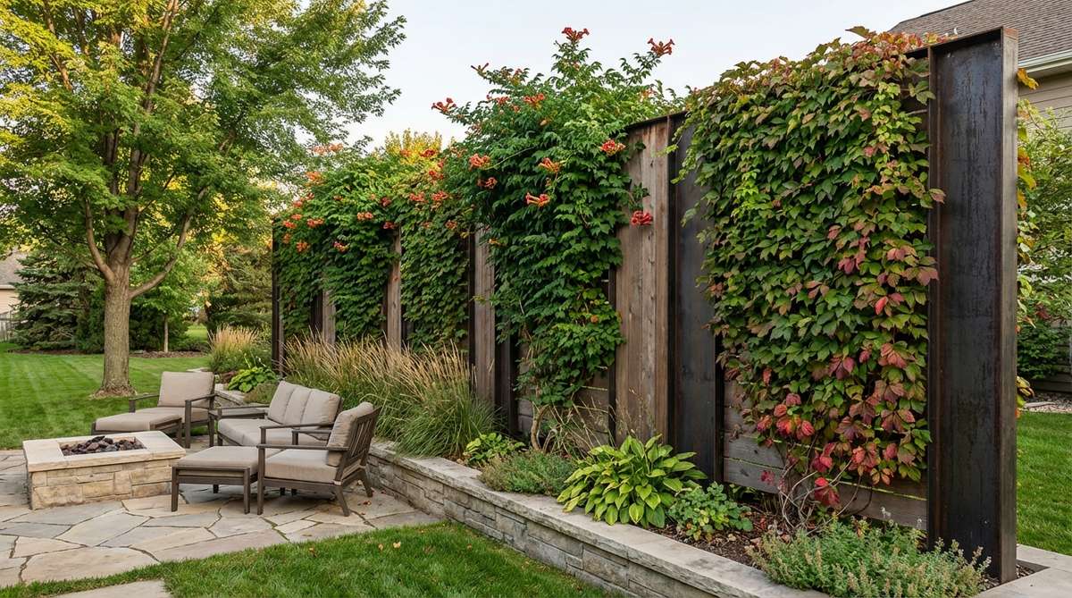 A tall vertical panel system in a modern garden setting, featuring 8 to 10-foot panels creating a visual barrier with fast-growing climbers like trumpet vine and Virginia creeper, ideal for privacy and wind-resistant installation.