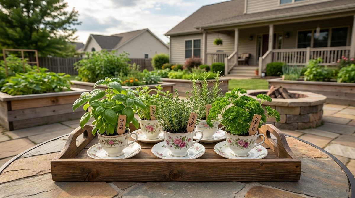 A vintage teacup and saucer planted with culinary herbs like thyme, basil, and parsley, arranged on a serving tray to create a functional and decorative mini garden for the kitchen.