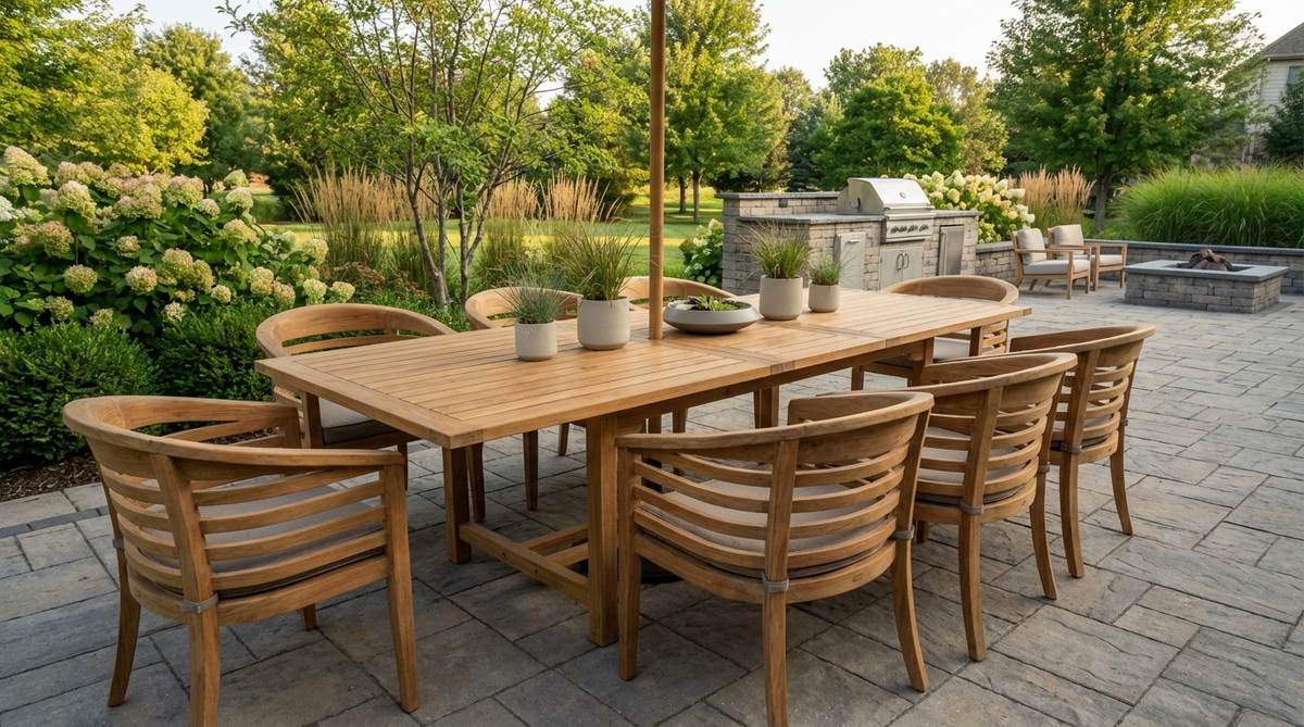 A modern garden furniture set featuring a teak extension table with eight chairs. The table has a butterfly leaf mechanism that extends from 72 to 96 inches without removing centerpieces, and includes a built-in umbrella hole for shade. The chairs have curved backs for spinal support and are designed to maintain proper seating height. Made from FSC-certified teak for sustainability and minimal maintenance.
