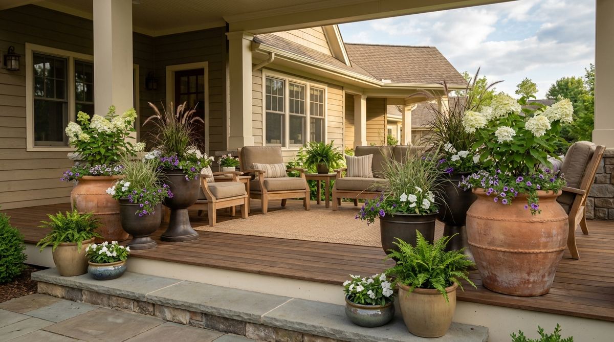 A dimensional display of tiered planter groupings on a porch, featuring clusters of three to five containers at varying heights. The arrangement includes large floor pots, medium pedestal planters, and small accent containers, with repeated plant varieties or colors for cohesion. This outdoor decor idea creates a natural, visually appealing look with odd-numbered groupings.