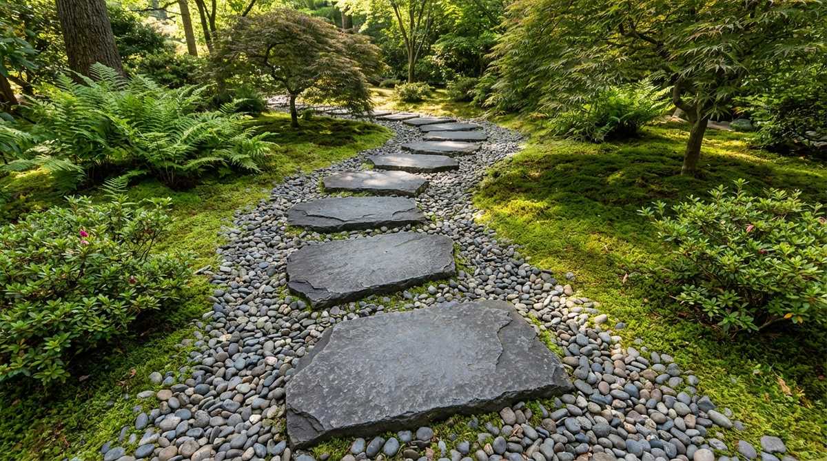 A close-up view of tobi-ishi stepping stones in a Japanese garden, showing individual flat stones placed at stride intervals within gravel or moss. The stones are 12-18 inches wide with level top surfaces, positioned 4-6 inches above grade and spaced 24-30 inches apart for comfortable adult stride. The irregular spacing and varied route direction create a mindful walking experience that prevents hurried movement and maintains present-moment awareness.