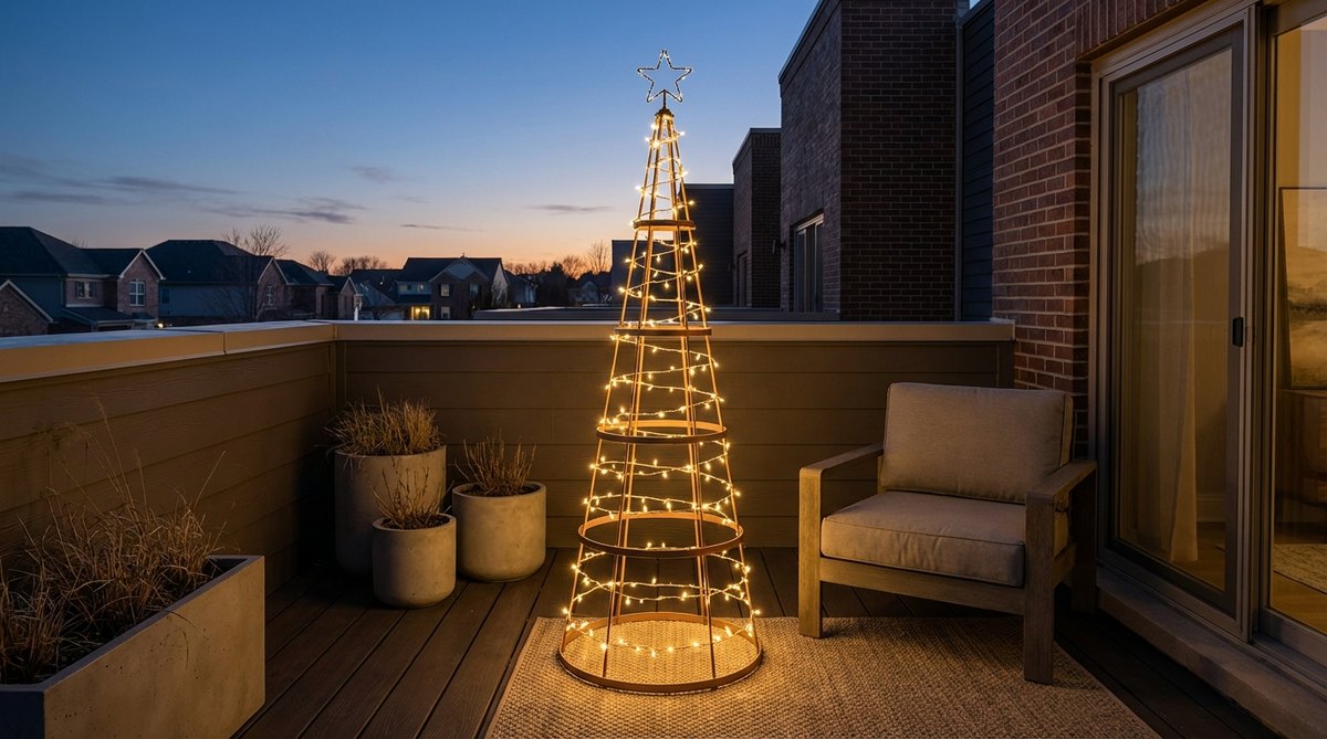 A minimalist illuminated Christmas tree made from a conical tomato cage wrapped densely with string lights, perfect for modern balcony decor. The inverted cage creates a sleek tree form without foliage, wrapped in tight spiral patterns from bottom to top with a decorative finial or star topper at the peak. Spray painted in metallic finishes to create a cohesive base color that shows between light strands, suitable for contemporary color schemes and design aesthetics.