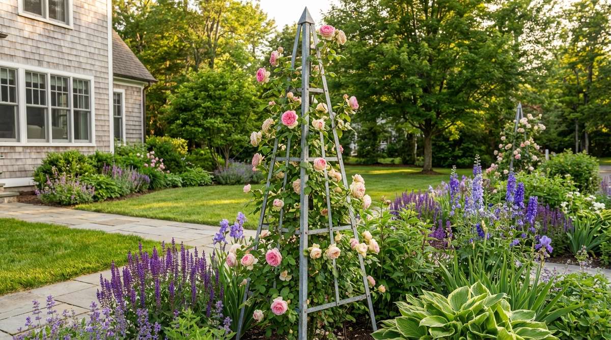 A traditional four-sided tapered garden obelisk standing 6-8 feet tall, elegantly supporting climbing roses in a perennial border. The galvanized steel structure provides graduated support for the roses to climb, showcasing blooms at multiple levels from spring through fall.