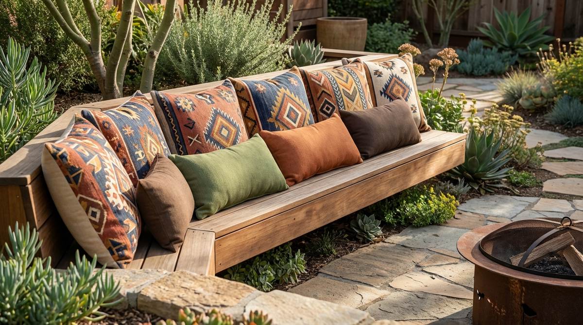 Stylized tribal pattern outdoor pillows inspired by African traditions, featuring repeating motifs in weather-resistant fabrics. These decorative pillows create rhythm in seating areas when mixed with solid earth tone pillows, perfect for Afro Boho decor.