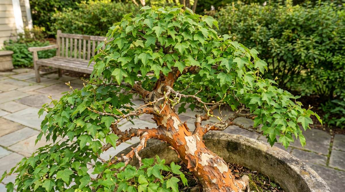 A detailed image of a Trident Maple bonsai (Acer buergerianum) showcasing its distinctive three-lobed leaves, which provide a finer texture compared to Japanese maple varieties. The photo highlights the vigorous growth and ramification achieved through hard pruning during the growing season. It also features the orange-brown bark that flakes on mature trunks, revealing lighter undertones that add an aged character to the bonsai, emphasizing its reliable back-budding along old wood for restructuring.