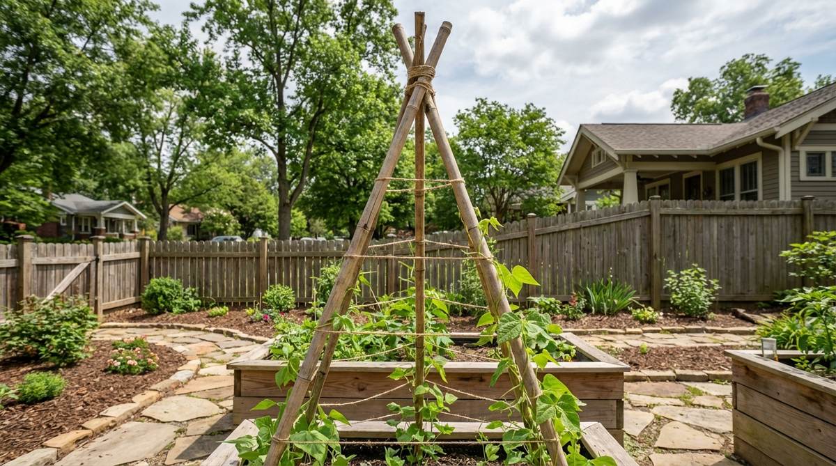 A lightweight, conical trellis made from three bamboo poles lashed together at the top, with horizontal string loops for climbing plants like beans or peas. It assembles quickly without tools and is ideal for small gardens, offering wind resistance and easy storage.