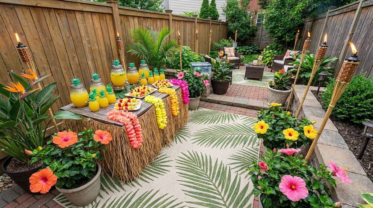 A vibrant mini garden party setup featuring tropical hibiscus and bird of paradise flowers in coral, yellow, and hot pink colors. Tiki torches line the perimeter, with pineapple-shaped drink vessels, tropical fruit skewers, and leis for guests. A palm frond print rug defines the party zone, complemented by grass table skirts and island music for a complete tropical escape in small urban spaces.