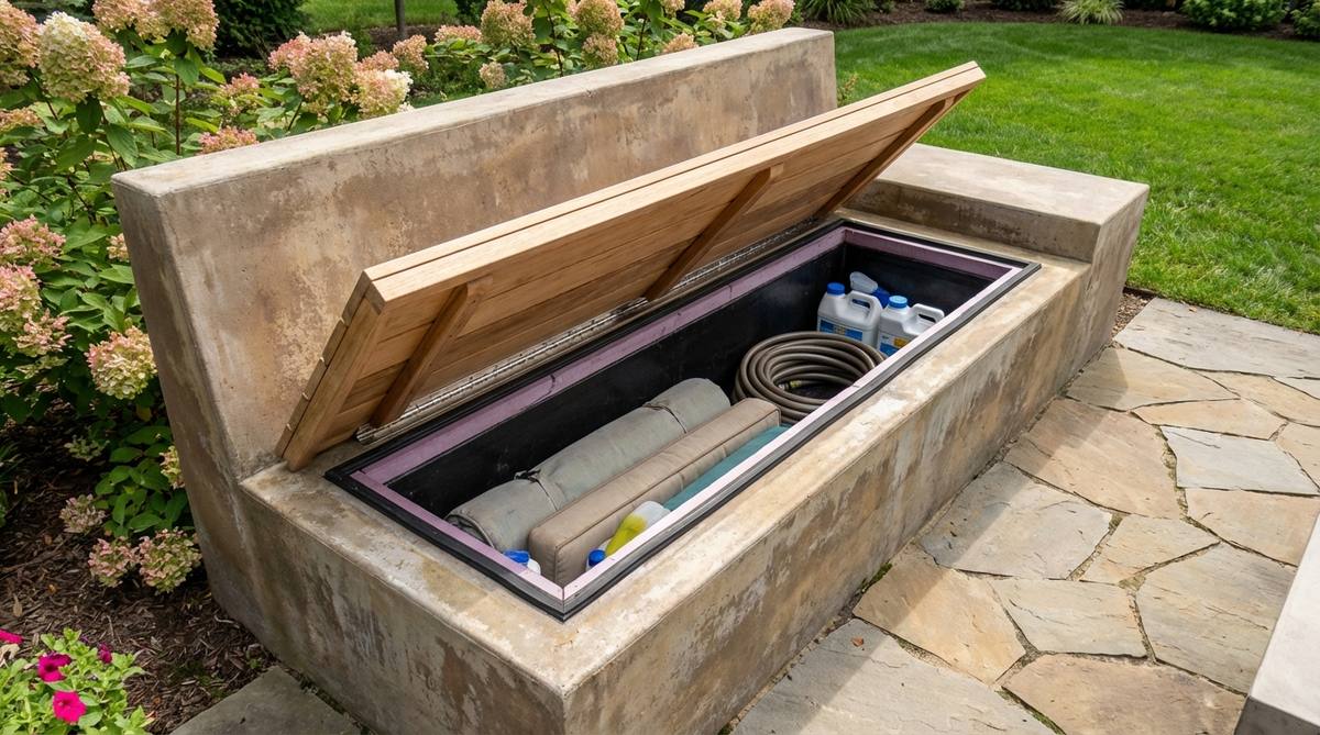 A hinged seat section lifts to reveal a waterproof storage compartment within a hollow concrete base, designed to hold cushions, garden tools, or pool supplies. The storage cavity is framed during the concrete pour using rigid foam insulation, with stainless steel piano hinges installed along the seat back edge. A rubber gasket is added around the opening perimeter to keep contents dry, sized for easy access while maintaining structural support at the bench ends.