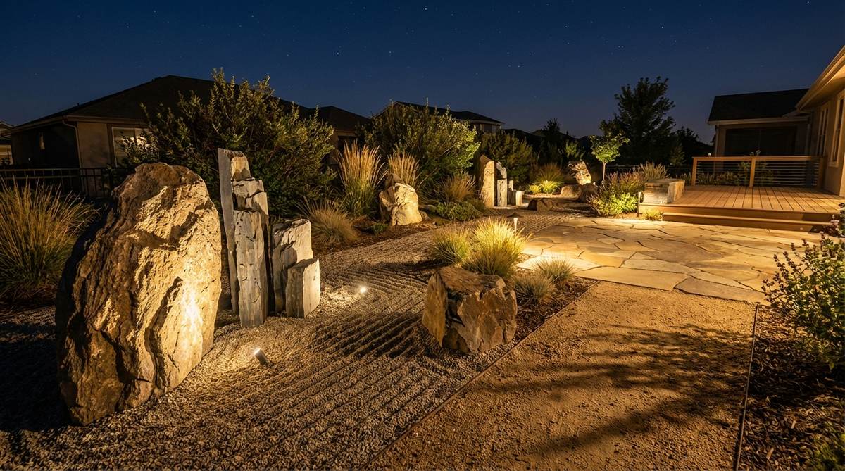 Dramatic nighttime view of uplighted statement stones in a modern Japanese rock garden, showing LED fixtures casting upward illumination to emphasize stone texture and create elongated shadows across gravel fields.