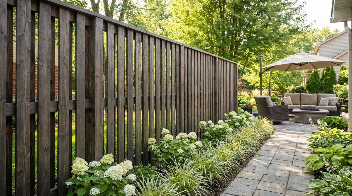 A vertical slat privacy fence with narrow boards spaced ½-1 inch apart, creating a semi-transparent screen that filters views while allowing light to pass through. This design enhances property height perception, uses 1×4 boards on horizontal rails with consistent spacing, and features efficient water shedding for durability in rainy climates. Stained in dark tones to provide a dramatic backdrop for light-colored plantings.