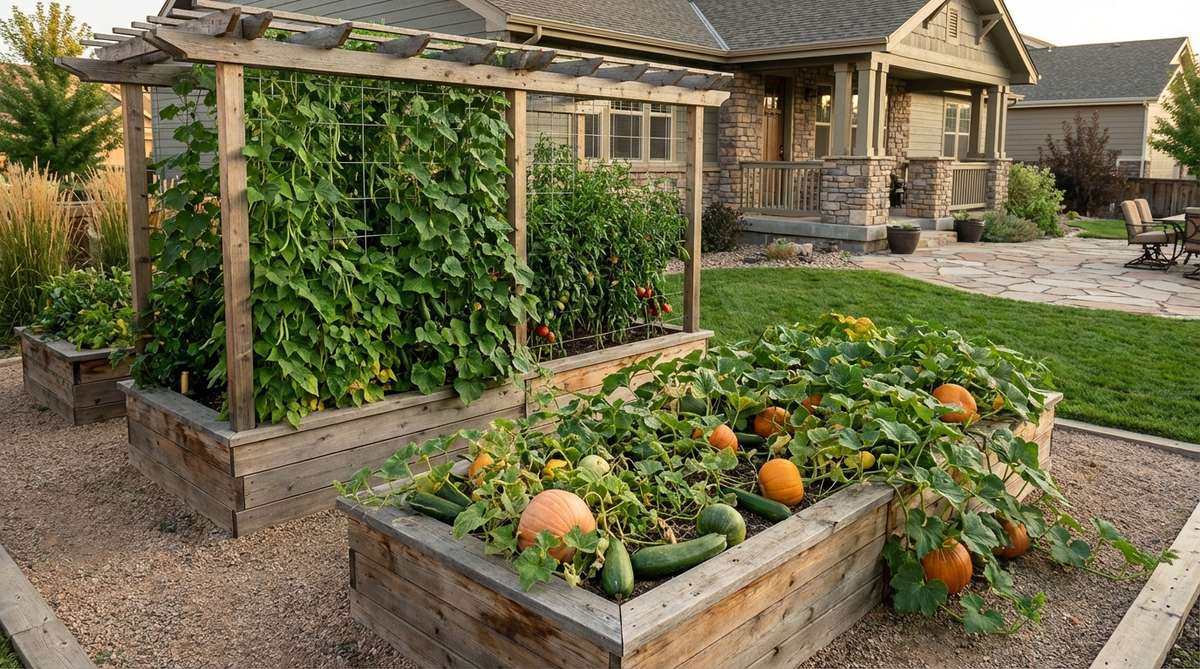 A modern garden bed featuring a dual-zone design with trellised vertical crops on the north side and sprawling squash and pumpkins on the south side, maximizing production and separating climbing and sprawling growth habits.
