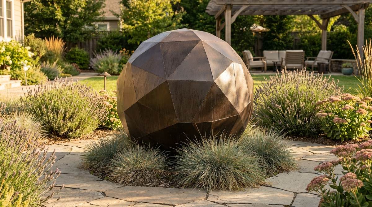 A welded steel garden sphere with geometric panels, placed on a paved surface amidst low plantings. The open construction allows views through the form while maintaining sculptural mass, contrasting with organic garden elements. Powder coated in metallic tones for enhanced geometric character.