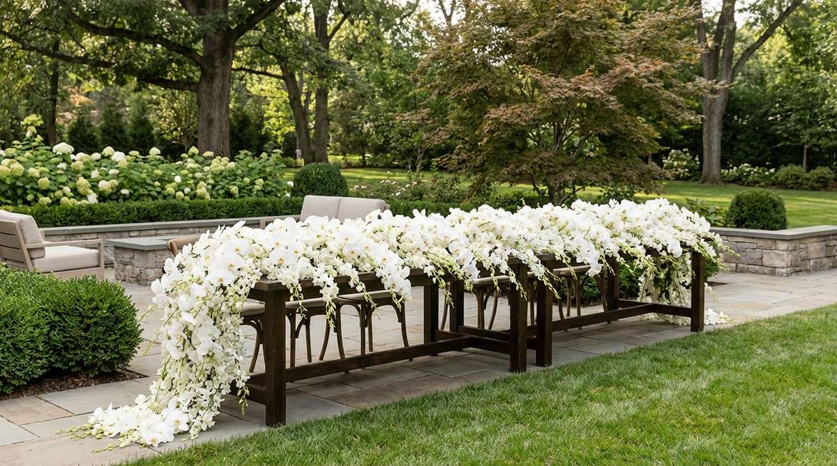 A continuous table runner made of white orchids creates architectural drama with distinctive silhouettes, cascading down table sides for an ethereal effect in garden wedding decor. This monochromatic arrangement emphasizes form over color variety, working particularly well on long banquet tables to draw the eye along the full span.