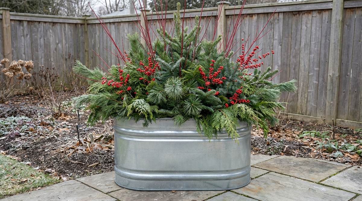 A ceramic or galvanized container filled with mixed evergreen boughs, including pine, fir, and cedar branches, along with red twig dogwood stems and winterberry branches. This durable winter arrangement is designed to withstand freezing temperatures, preventing cracking in cold climates, and remains attractive for 8-10 weeks with weekly misting.